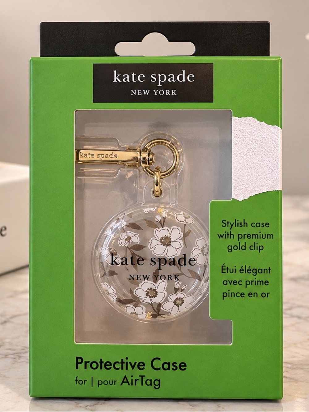 Kate Spade Case for Apple Airtag Hollyhock Floral Silver Clip NIB